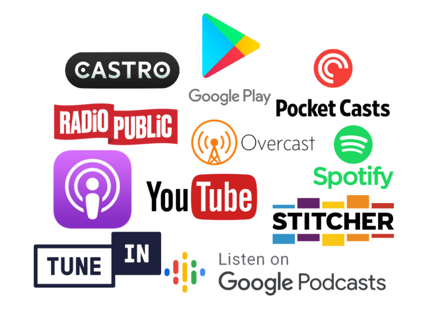 Bekende podcastplatformen: Spotify, Youtube, Google Podcasts, Apple Podcasts